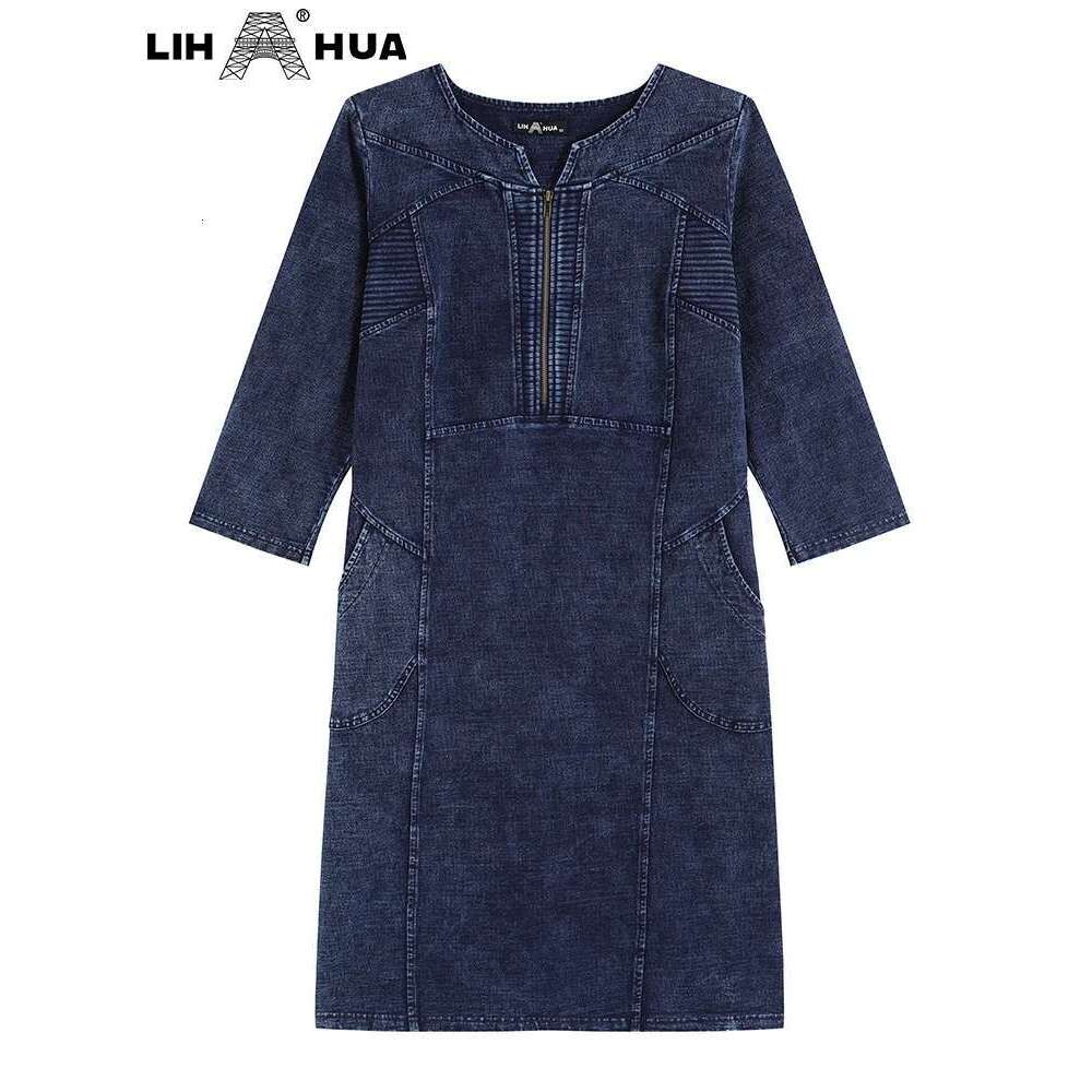 LIH HUA Women's Plus Size Denim Autumn Chic Elegant Dresses For Chubby Women Cotton Knitted Dress