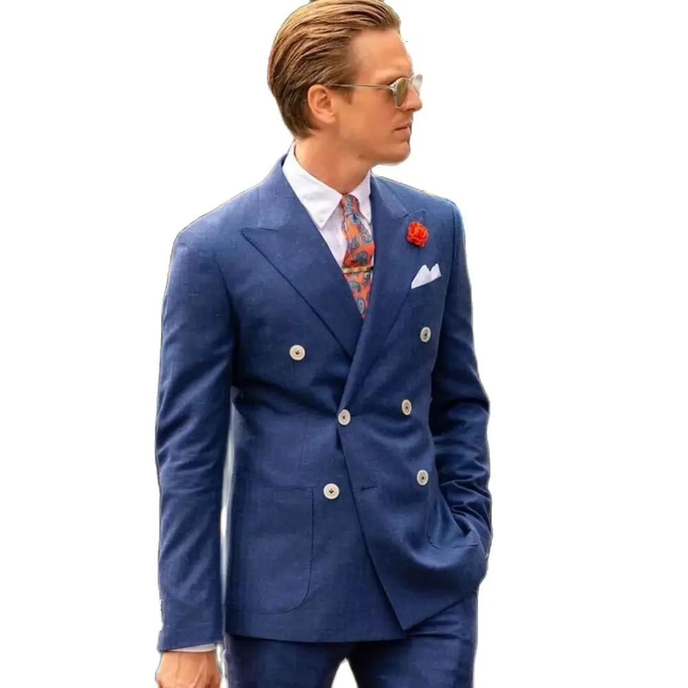 Navy Blue Mens Suits Notched Double Breasted Business Blazer Wedding Groom Tuxedo Customized 2 Piece Jacket Pants Costume Men 250506