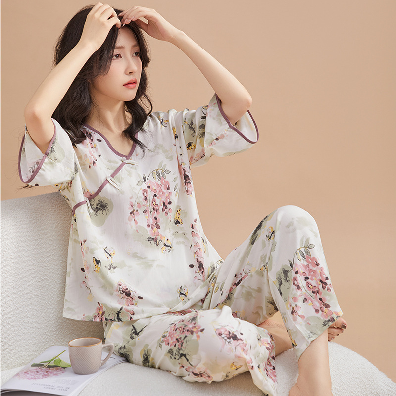 B879-Pajamas for women, spring, summer and autumn, new cotton silk buttoned three-quarter sleeve trousers, sweet American style home clothes suit