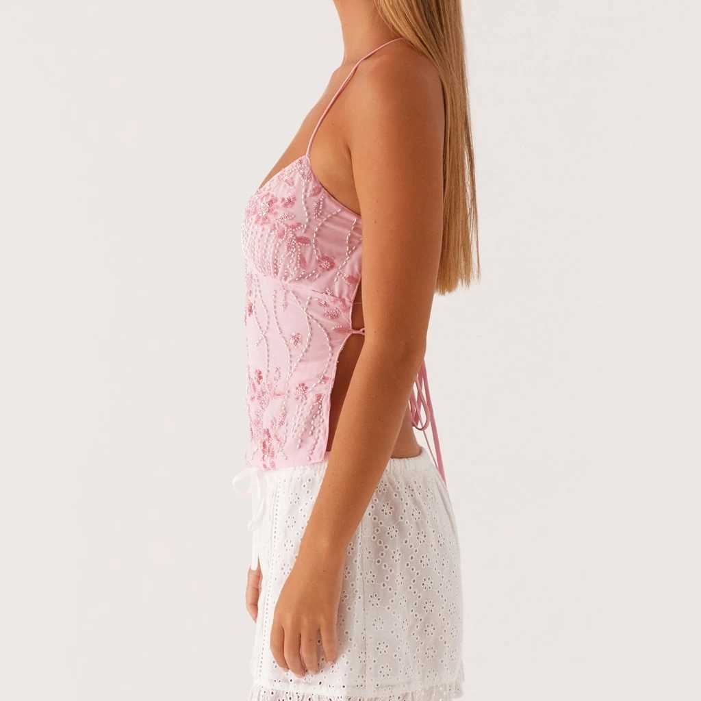 Combhasaki Women Summer Sleeveless Beading Camis Top V-neck Tie-up Cross Backless Pearl Glitter Sequin Flower Embroidered Vest M250513