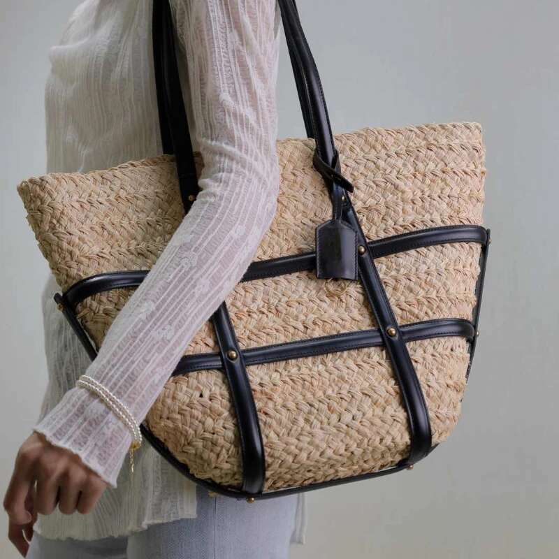Ladies Straw Beach Summer Crochet Handbag Women Bohemian Daily Tote PU Patchwork Shoulder Bag Large Capacity Weav