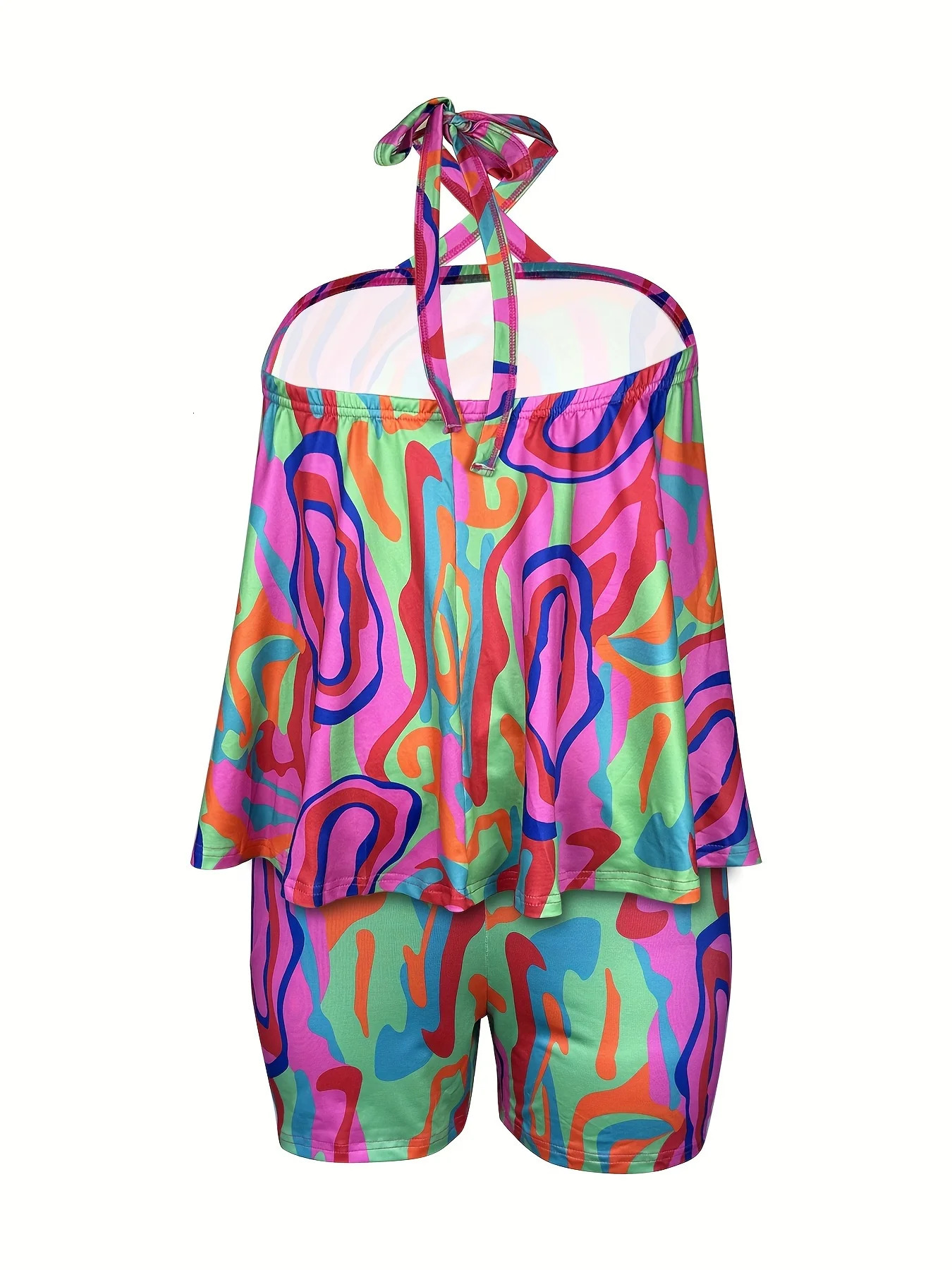Trendy Plus Size Two Piece Set Vibrant Color Lock n Tie Hanger Top and Comfortable Summer Casual Shorts Combination 250506