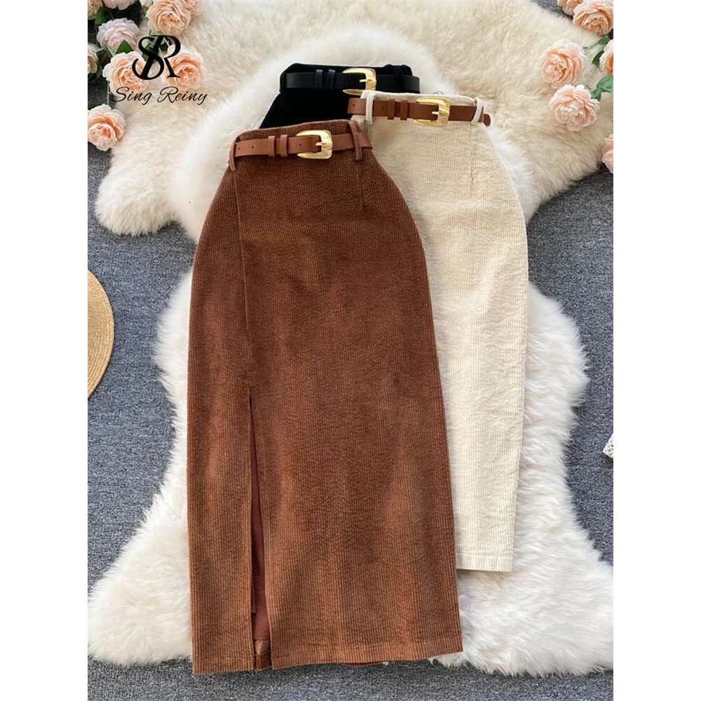 SINGREINY Women Korean Split Sexy Long Winter Corduroy Slim Thick Streetwear Fashion Vintage Autumn Bodycon Skirt