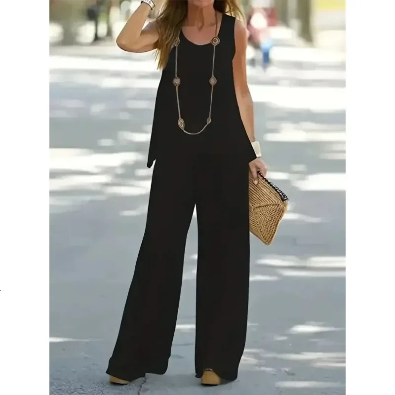 Aomen 1XL8XL Plus size round neck casual set 2piece fashionable solid tank top wide leg pants 250427