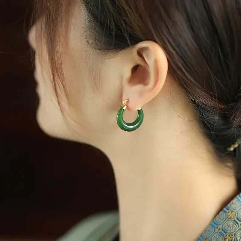 Designer original natural Hetian jasper hoop earrings for women high-quality fresh ancient charm dinner party jewelry gift Y250510