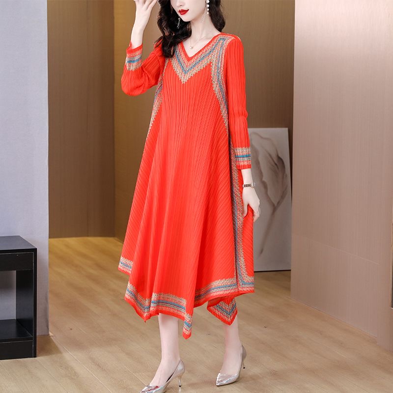 Large size women's retro printed dress female summer new temperament slim medium long skirt D02345