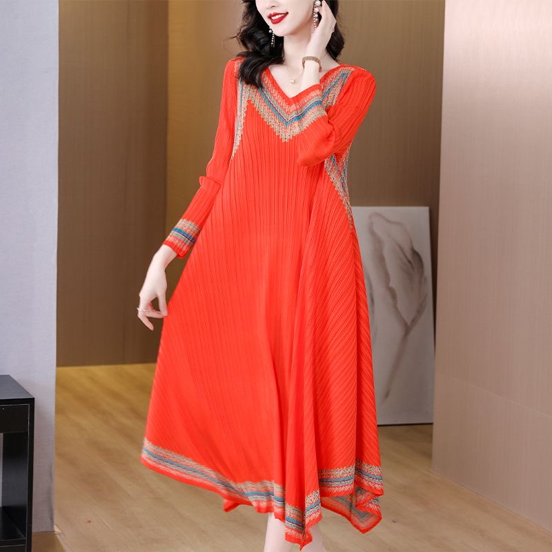 Large size women's retro printed dress female summer new temperament slim medium long skirt D02345