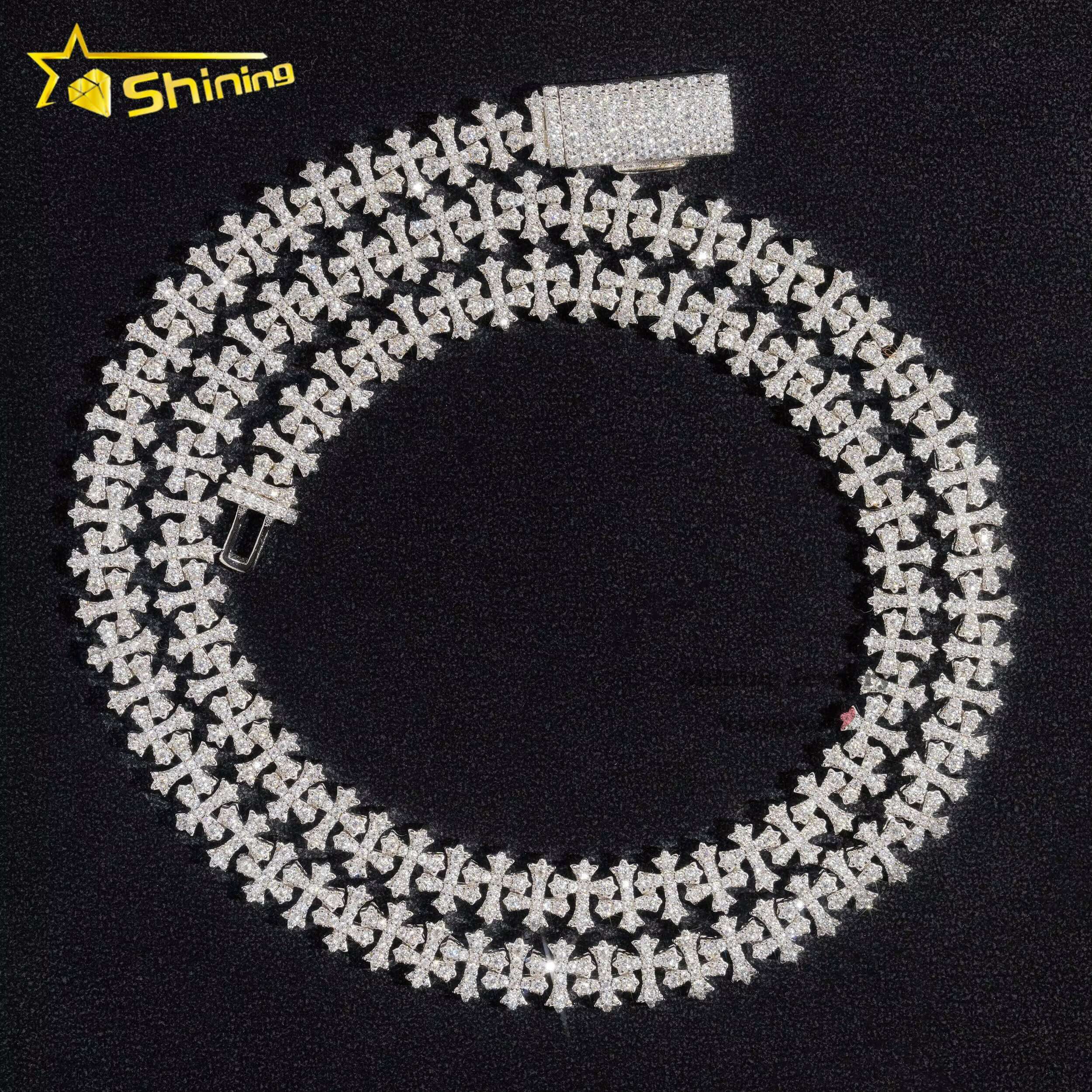 Shining Jewelry Hip Hop Rapper Style Necklace 925 Sterling Silver 8mm 18mm Iced Out Vvs Moissanite Cross Charm Cuban Link Chain