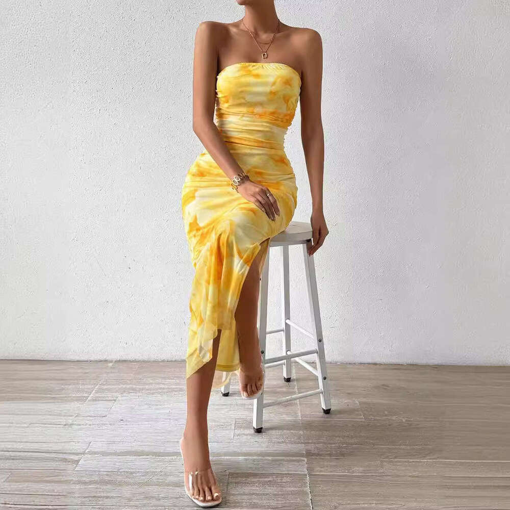 Women Clothes Dress Mesh Floral Pleated Sexy Tight Fitting Slit Strapless Long Dress KQ