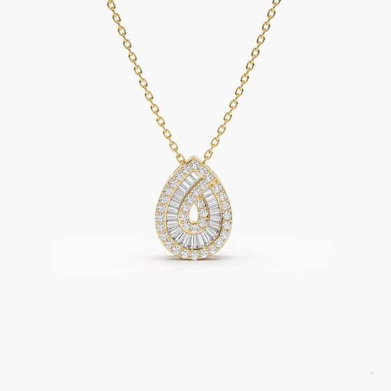 14k teardrop shaped long stick bread circular statement fashion charm gold droplet pendant necklace