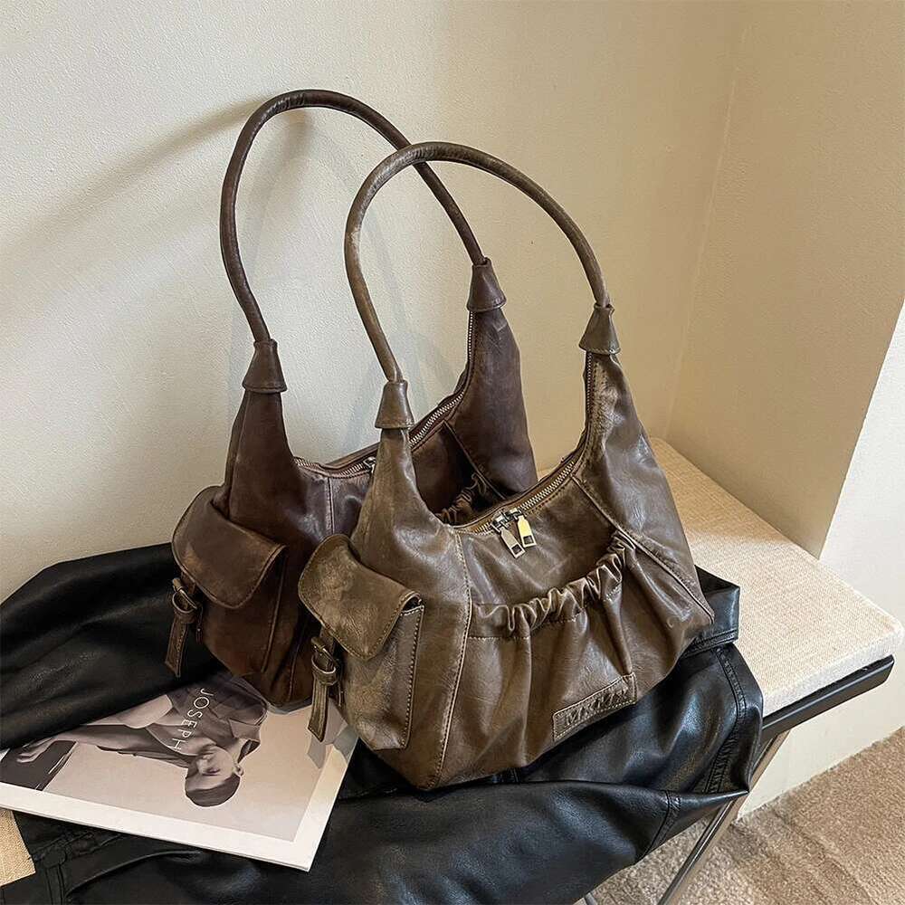 Women Retro PU Leather Fashion Tote Handbag Zipper Closure Simple Shoulder Purse Girls Outdoor Daily Bag