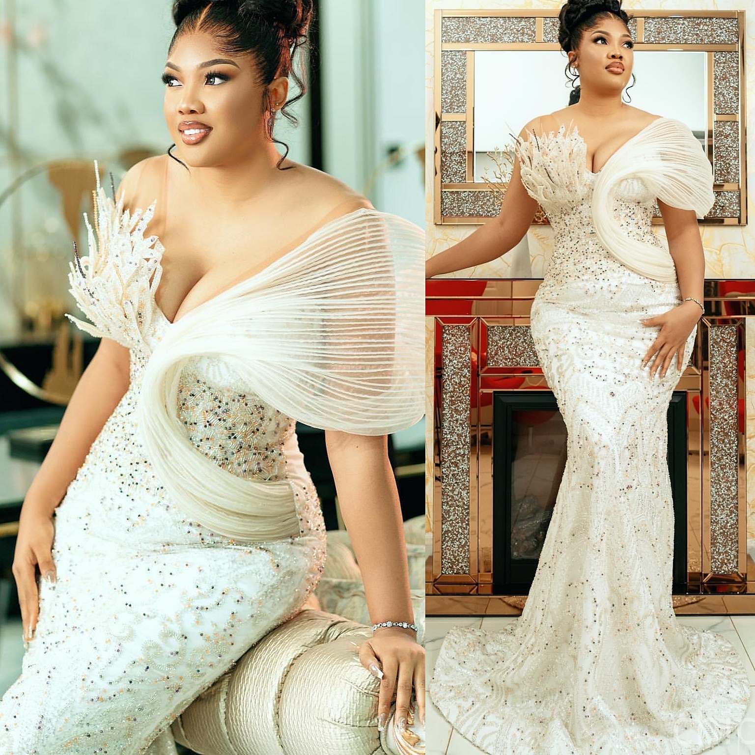 Ivory Mermaid Plus Size Prom Dresses 2025 Crystals Beaded Sequined Deep V-neck Evening Formal Party Second Birthday Engagement Gowns Dress For Special