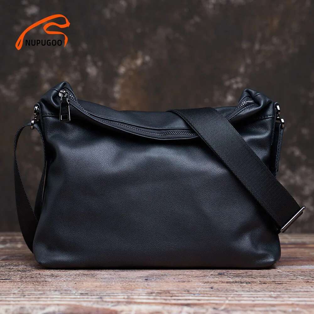 Fashion Men's Shoulder Genuine Leather Casual Crossbody Bag Classic Fold Cover zipper Messenger For 10.5 Inch Ipad NUPUGOO