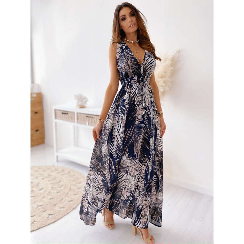 Women Clothes Dress Summer New Print Open Back Strap Dress KQ