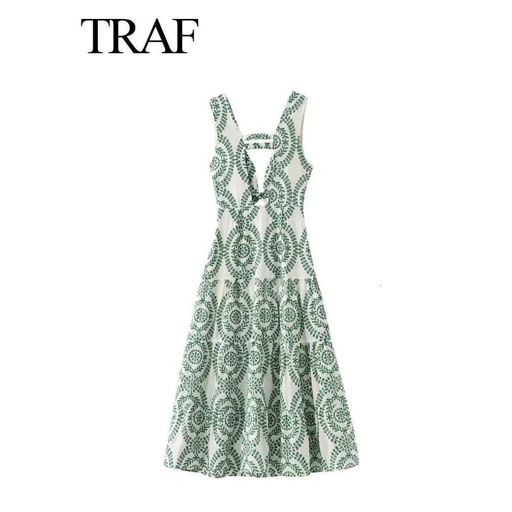 TRAFZA Woman Summer Long Dresses Green Embroidery Sleeveless Sexy Backless Dress Female Beach Style For Holiady Vestidos