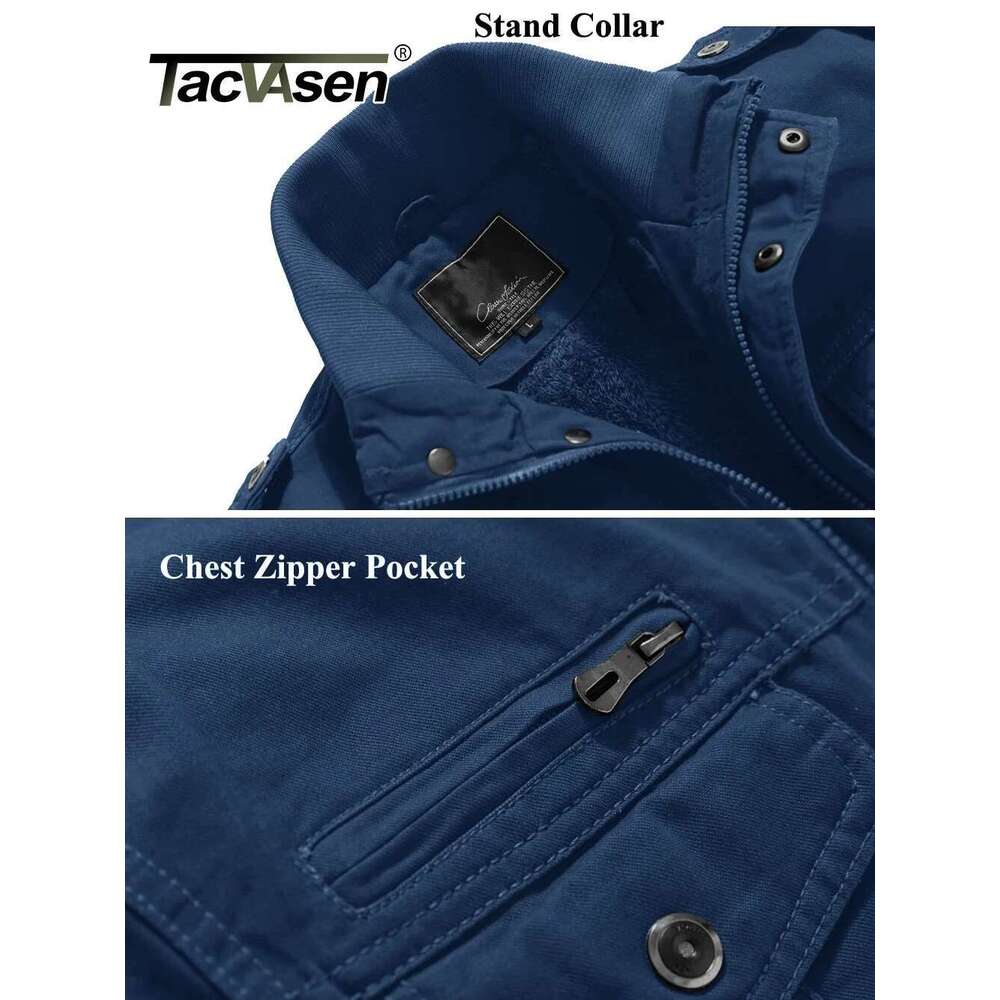 TACVASEN Oversize Winter Thicken Fleece Casual Jackets Mens Cotton Coat Multi-Pockets Warm Jacket Parkas Windbreaker