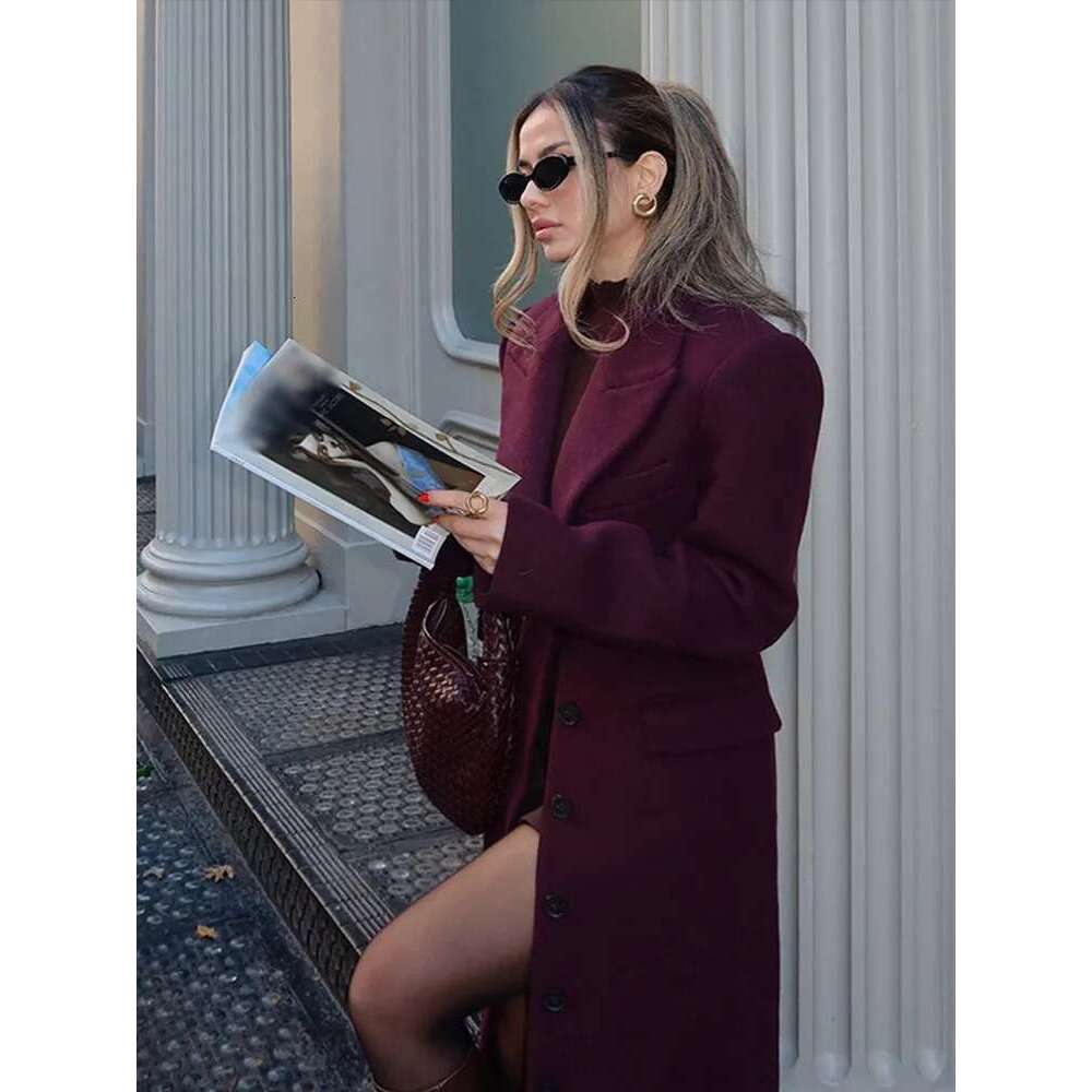 Collar Wool Long Jacket Shoulder Pad Single Breasted Waist Cinching Slimming Suit Overcoat Commute Coat Outwear Top