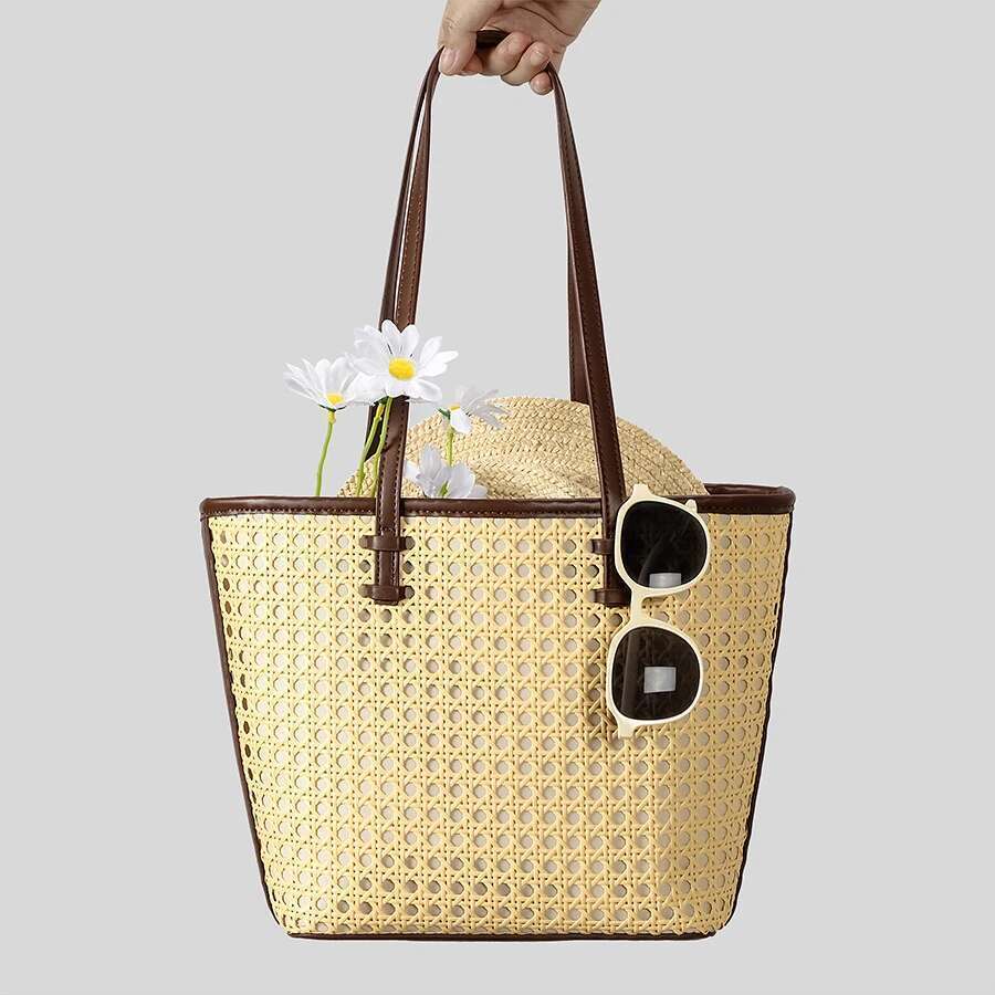Fashion Hollow Bag Faux Rattan Woven Women Shoulder Bags Casual Summer Beach Handbags Large Capacity Tote Bali Purse2025