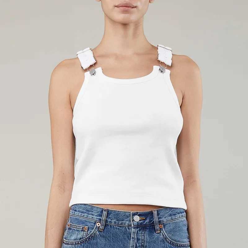 Sexy Tank Top Shoulder Strap Buckle Rib Knitted Halter Crop Tops Women Sleeveless Camisole Female Tube Top Cropped Vest M250513