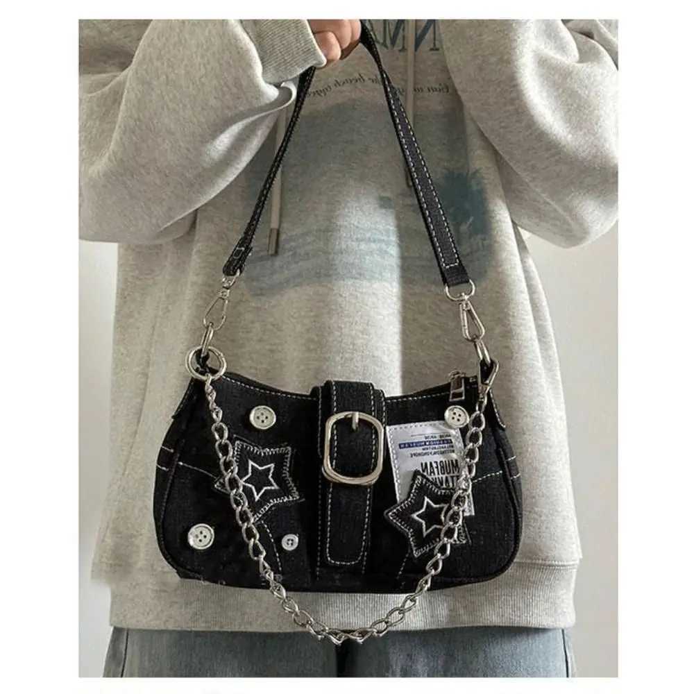 5 Womens Handbags Denim Stars Pattern Cool Girls Y2K Underarm Bag Canvas Female Small Shoulder Bags Chain Tote Bag XJ250718