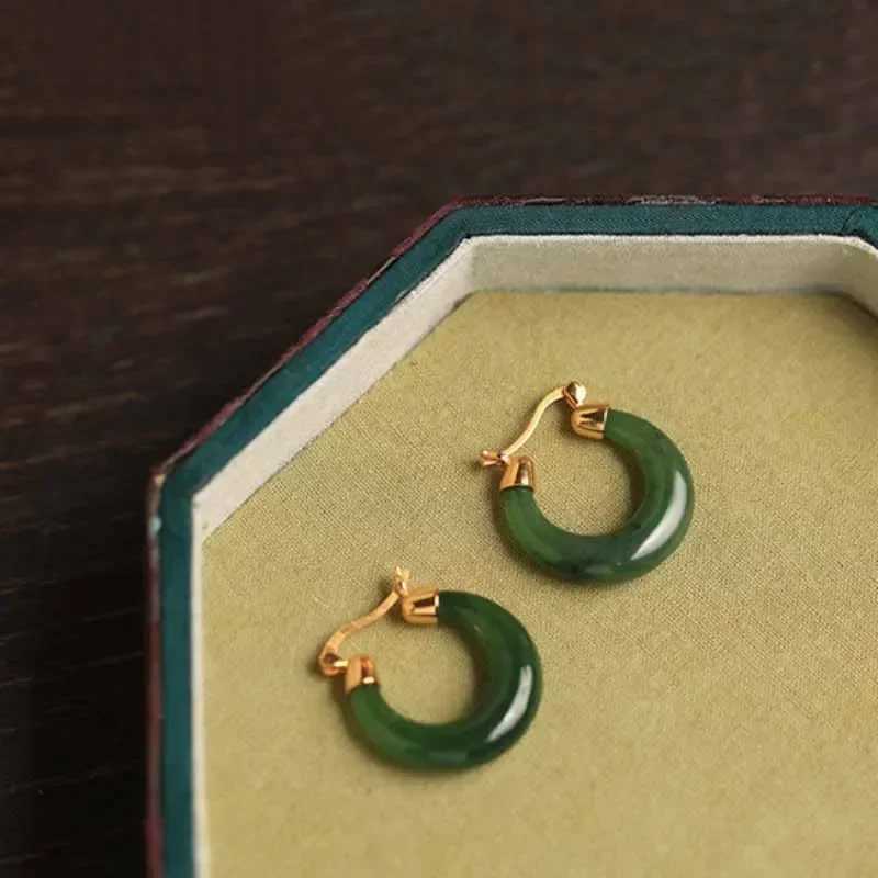 Designer original natural Hetian jasper hoop earrings for women high-quality fresh ancient charm dinner party jewelry gift Y250510