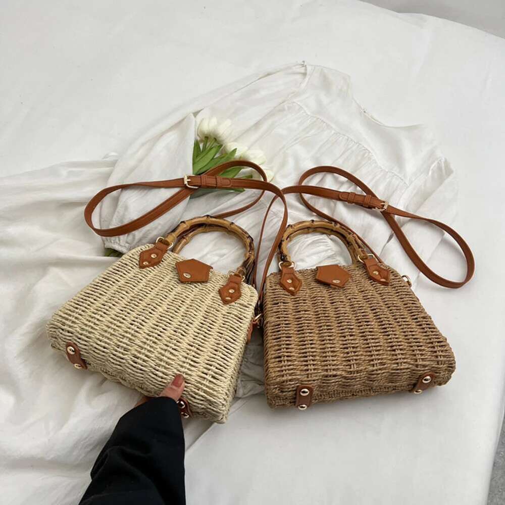 Summer Weaving Underarm Bamboo Handle Shopping Tote Bag Handmade Casual Simple Portable Adjustable Strap for Seaside Holiday