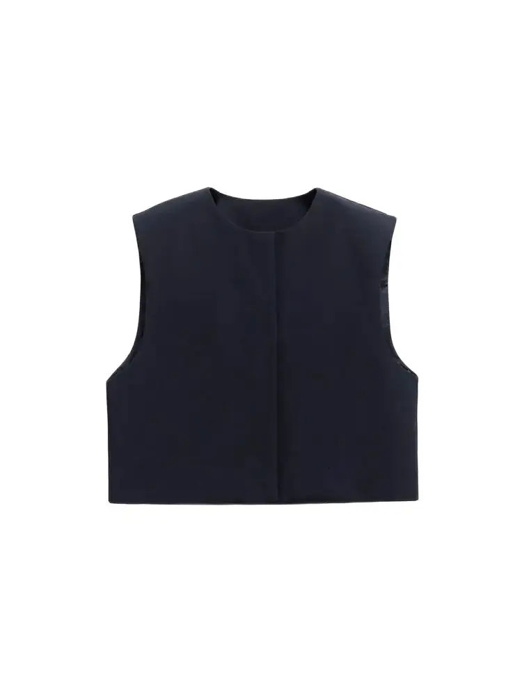 TRZA Womens Unique Shoulder Bordered Waist Coat ONeck Sleeveless Snap on Fashion Top 250506