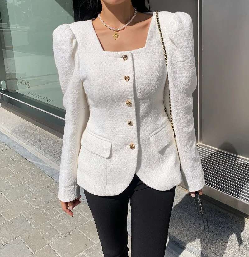 Tweed Square Neck Slim Fit Single Breasted Jacket Top Winter Clothes Women Ropa Mujer New Autumn Elegant Chaquetas Coats