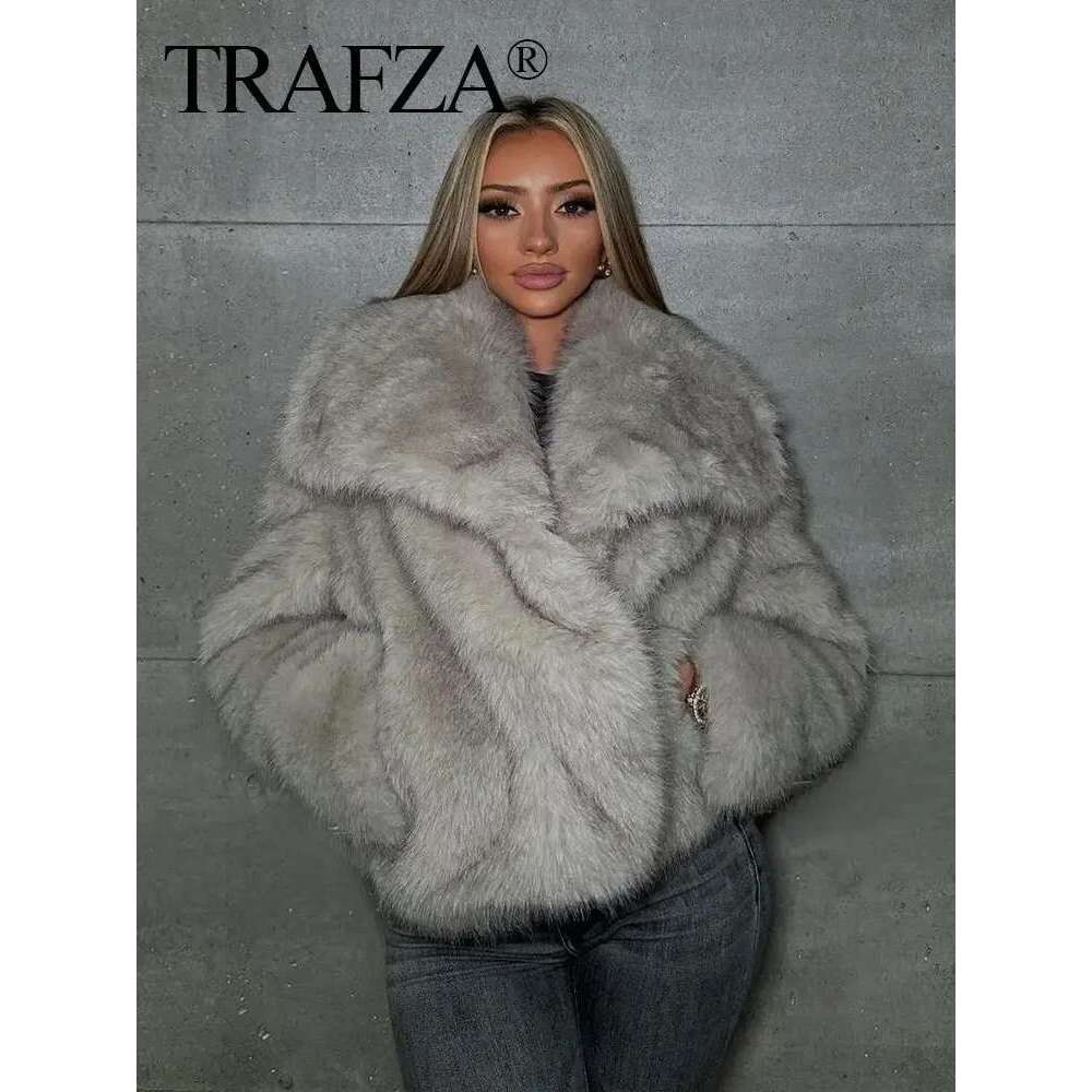 TRAFZA Women Fashion Faux Fur Jacket Vintage Turn-Down Collar Long Sleeve Coat Autumn Winter Woman Elegant Streetwear Designer Designer