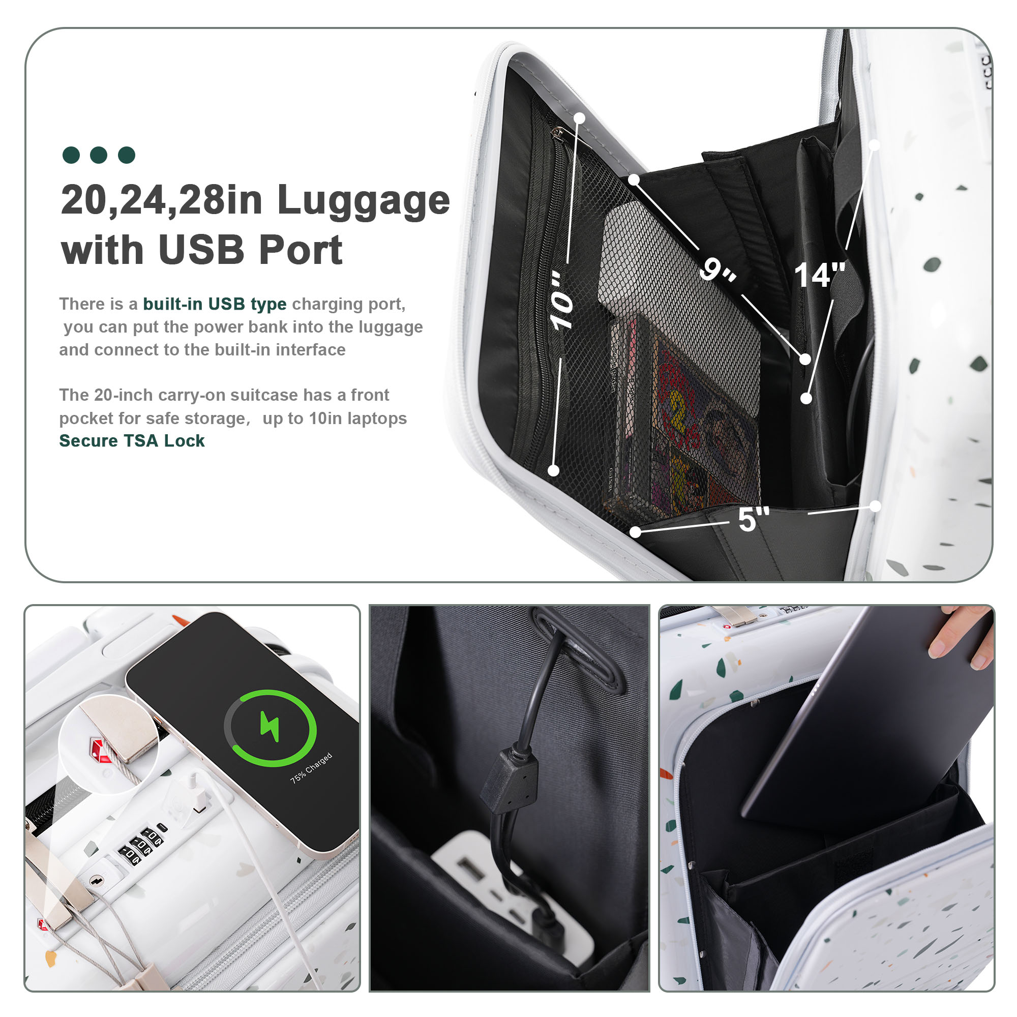 two piece set travel luggage featuring front opening design usba charging ports and drink holders 20 inches suitable for individuals and school trips 