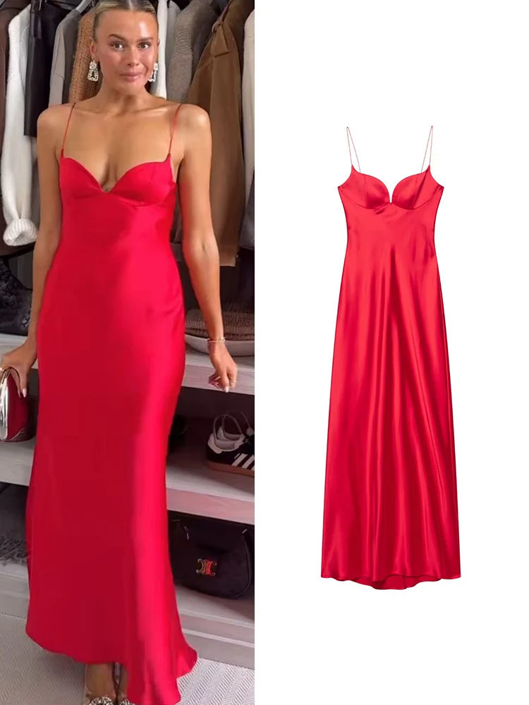 TFMLN Fashion Ladies Sexy Thin Sling Dress V Neck Sleeveless Slim Dresses Red Elegant Backless Evening Party Long 250513