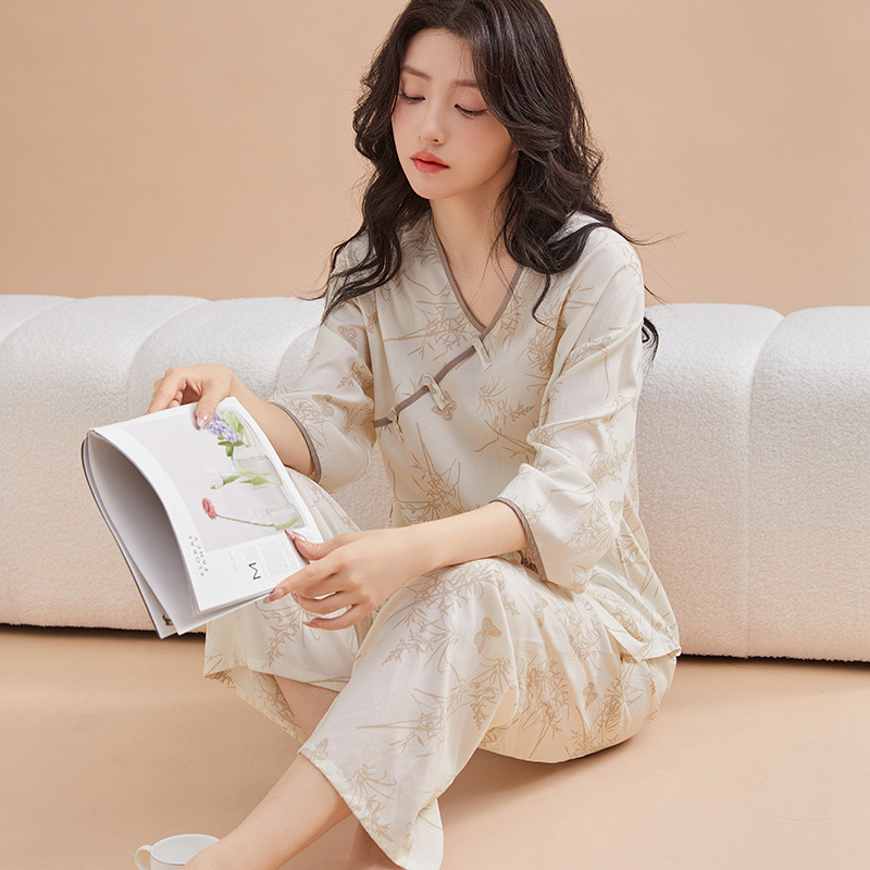 B879-Pajamas for women, spring, summer and autumn, new cotton silk buttoned three-quarter sleeve trousers, sweet American style home clothes suit