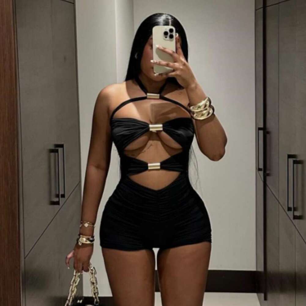 Women's New Personalized Hollowed Out Metal Pipe Splicing With Contrasting Bow Tie Hanging Neck Jumpsuit Shorts B5