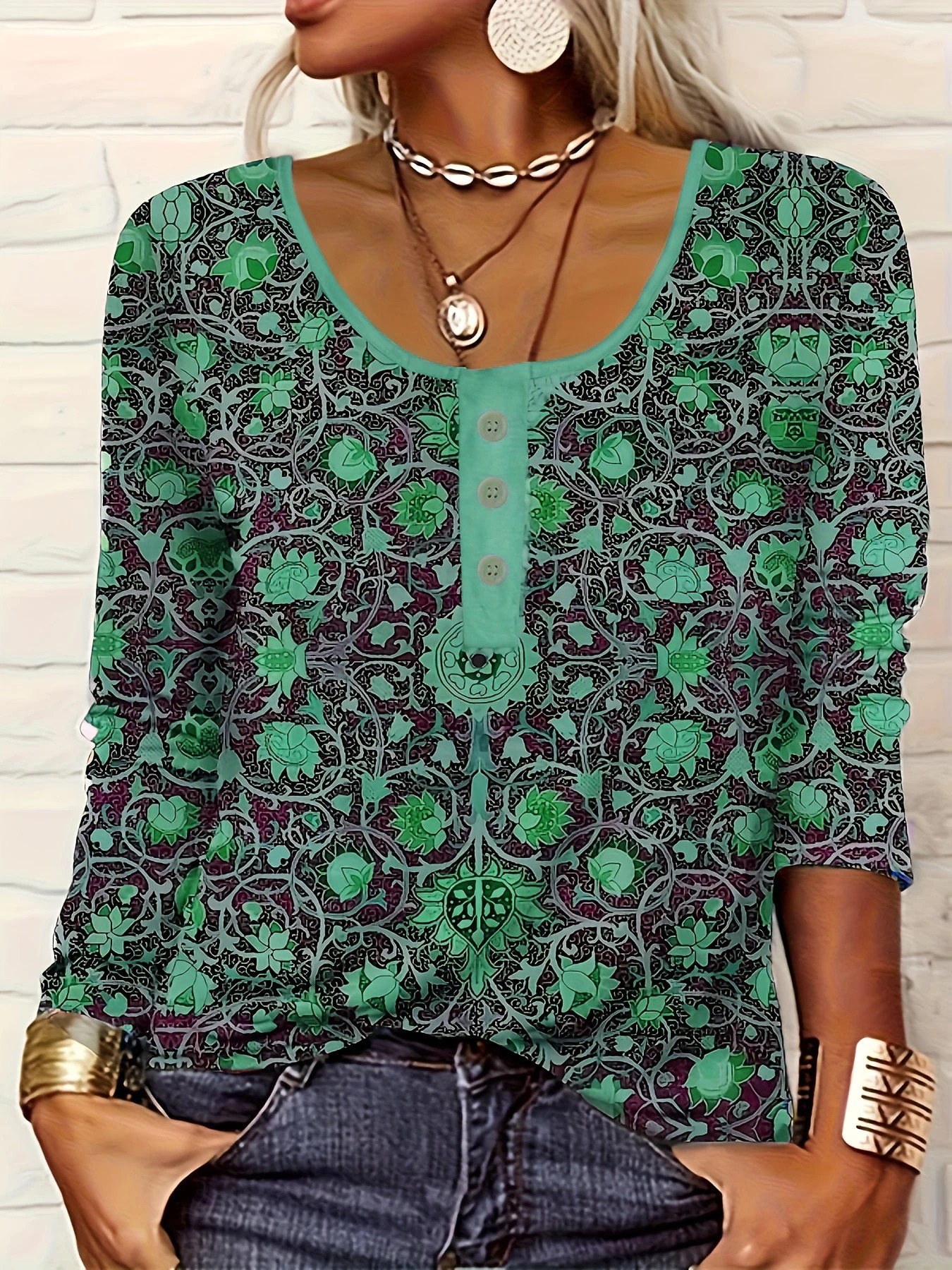 Elegant Ethnic Print ButtonDetail Long Sleeve Womens TShirt | Standard Sizing Boho Chic Fashion Top 250513