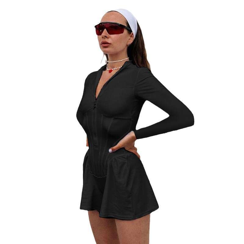 Fashionable Women's Solid Color Casual Sportswear, Zippered Plastic Waist Jumpsuit, Wide Leg Jumpsuit Shorts, Summer B5