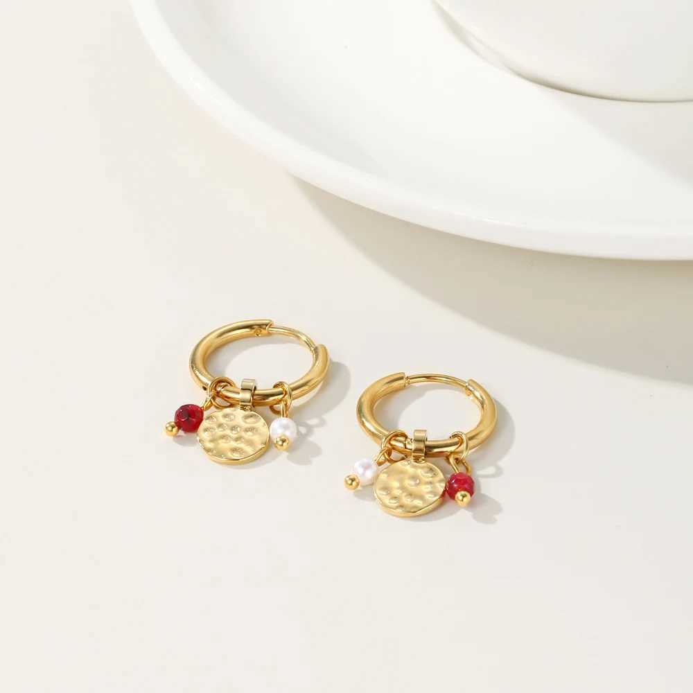 YACHAN 18K Gold Plated Stainless Steel Hoop Earrings for Women Tap Texture Metal Pearl Charms Earring Trendy Jewelry Gift Y250510
