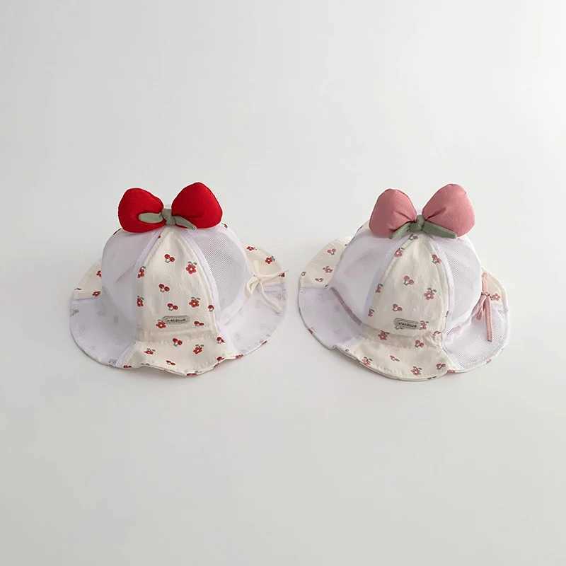 Sweet Bow Baby Fishermans Hat Red Cherry Sunscreen Basin Cap Princess Girl Summer Sun Hats 3-24Month Children Mesh Bucket Caps R250512