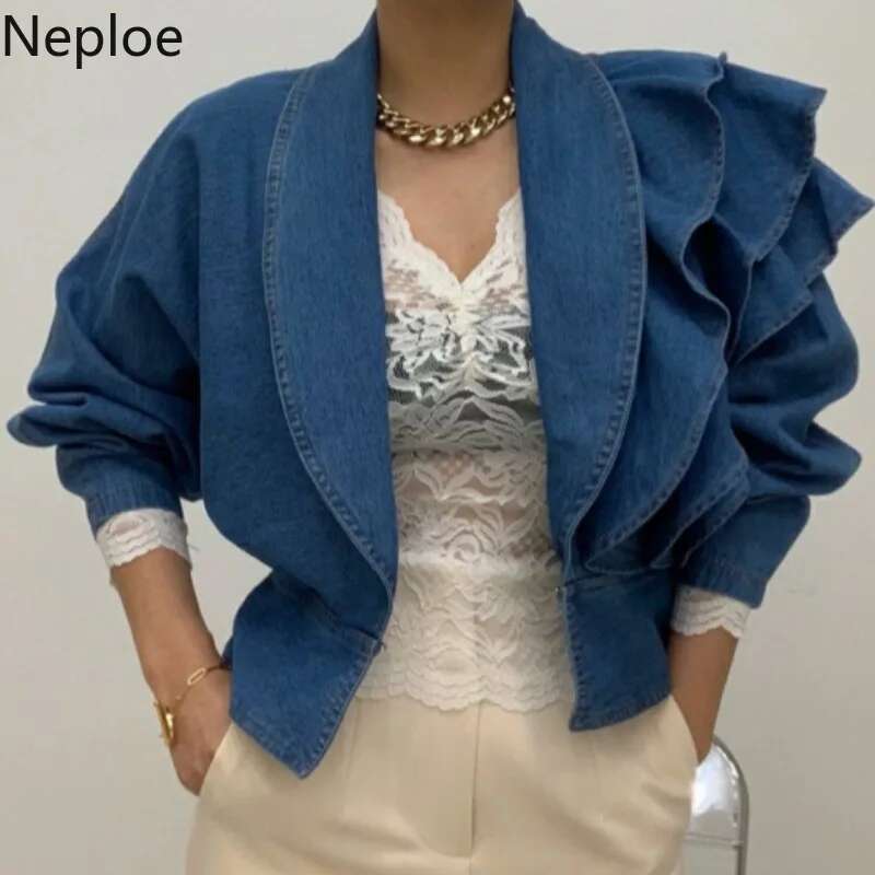 Neploe Fall 2025 Women Clothing Cropped Denim Jacket Vintage Turn-down Collar Puff Sleeve Ruffles Crop Tops Korean Jean Coat