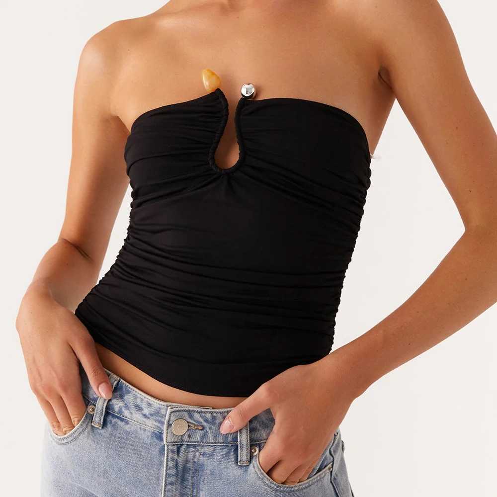 Womens y2k Vintage Ruched Tube Tops Summer Sexy Strapless Solid Metal Clip Front Bandeau Cropped Tops Slim Fit Tanks Shirt M250513