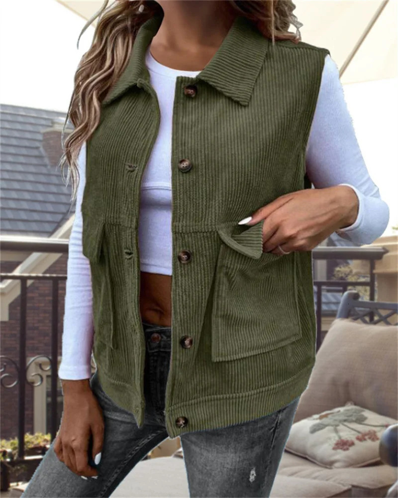 Ladies corduroy vest sleeveless large pocket casual autumn and winter suit collar singlebreasted jacket 250506