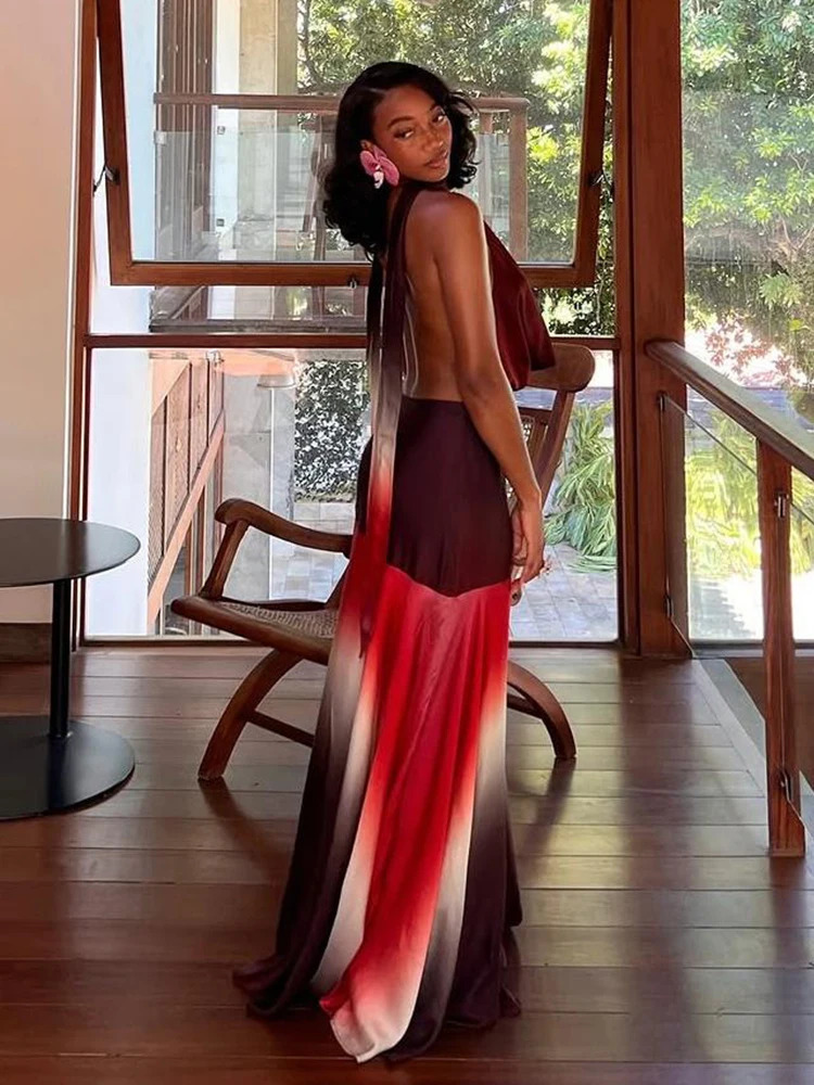 Sisterlinda Summer Release Junior Fashion Leisure Sexy High Street Long Dress K25D66166 Girl Printing Halter Slim Backless Robe 250513