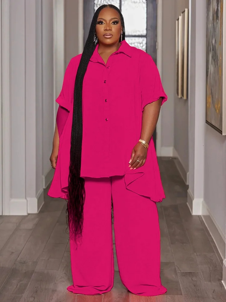 Wmstar Women Plus Size Two Piece Set 5XL Summer Casual Solid Button T Shirt Wide Leg Pants Female Outfits Wholesale Drop 250506