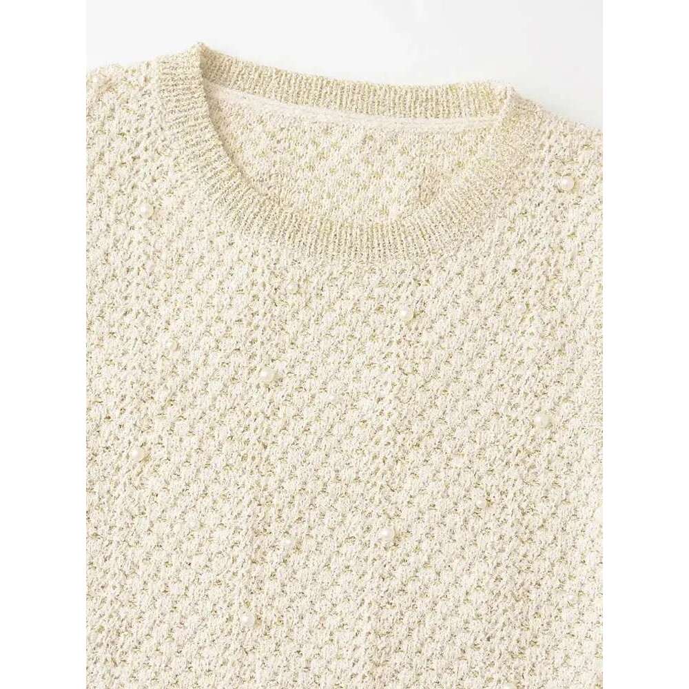 TRZA-Women's Faux Pearls Knit Mini Dress, O Neck, Sleeveless, Female Dresses, Chic Fashion