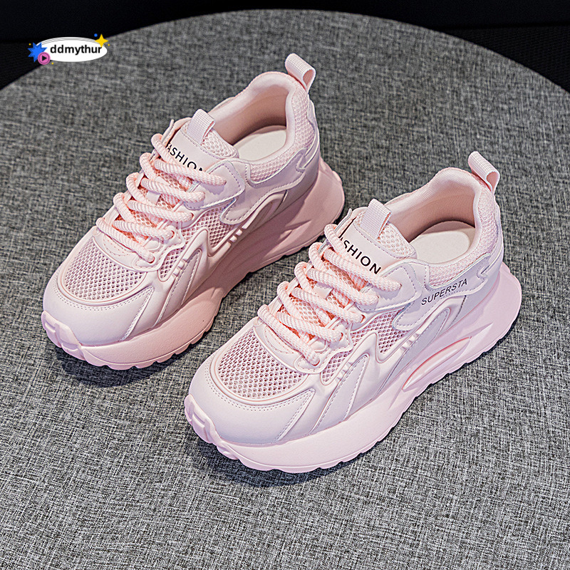 Real leather thick soled dad for women in the spring and summer of 2025 new style, internet celebrity mesh, breathable inner height increase, casual F