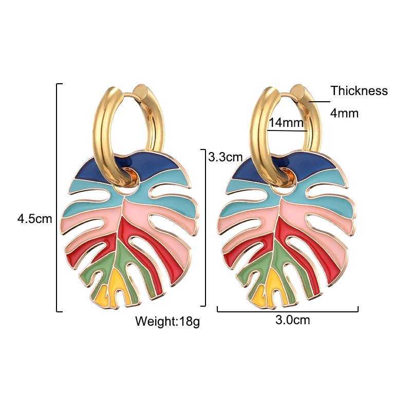 Hot Colorful Big Leaf Pendant Gold Color Stainless Steel Earrings For Women Jewelry Vintage Statement Enamel Round Hoop Earrings Y250510