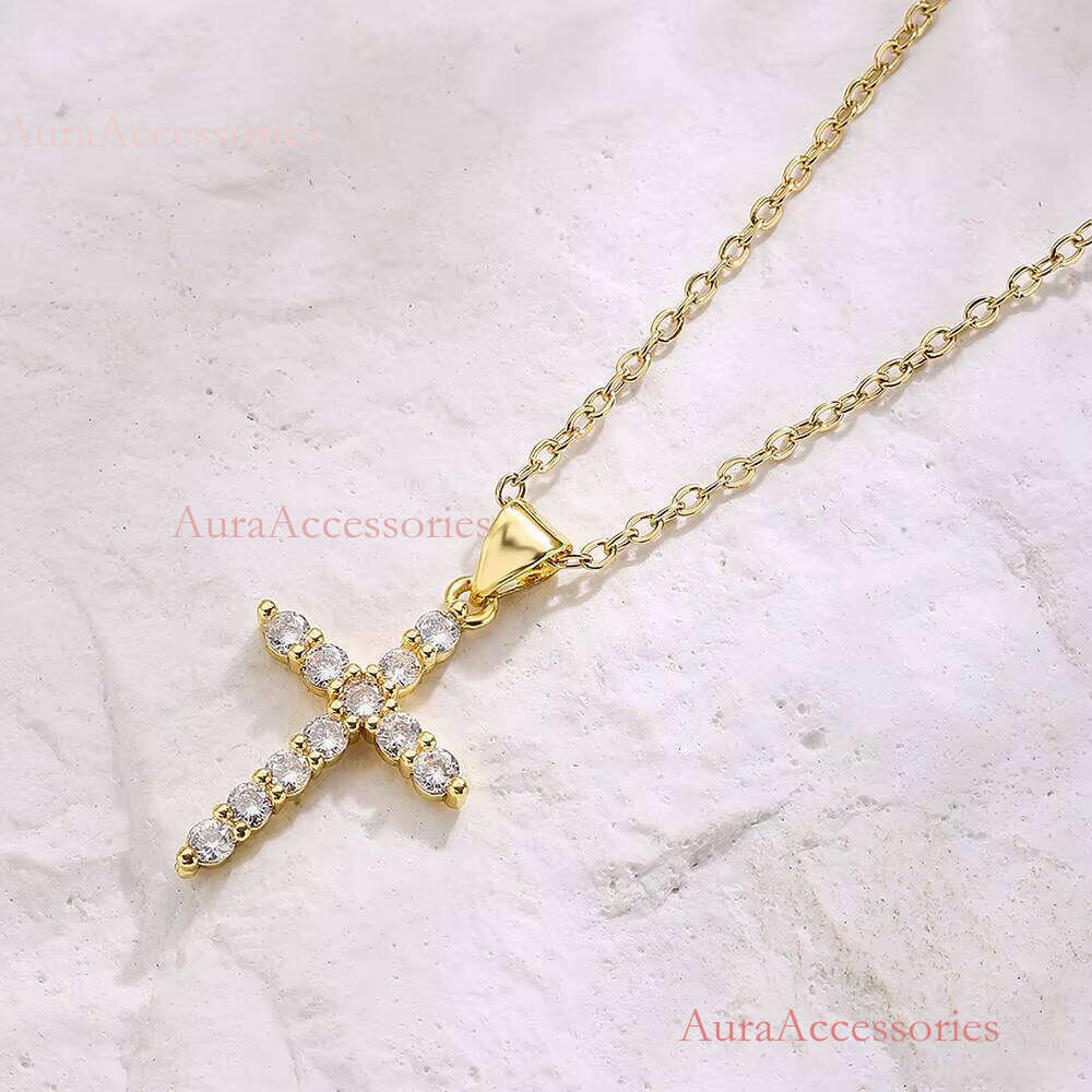 Retro Gold Plated Do Not Fade Clear Crossed Dia Zircon Cubic Zirconia Cross Pendant Necklace