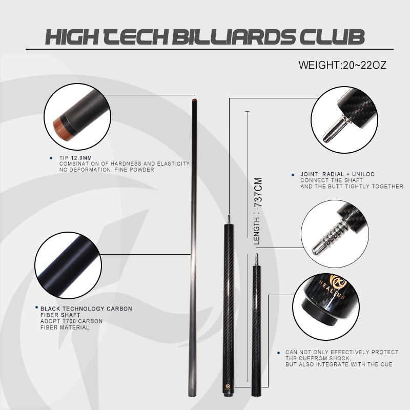 Professionelle kundenspezifische 100 % echte Kohlefaser, halbfertiges Produkt, Snooker-Billard-Queue-Schaft aus Kohlefaser im USA-Stil