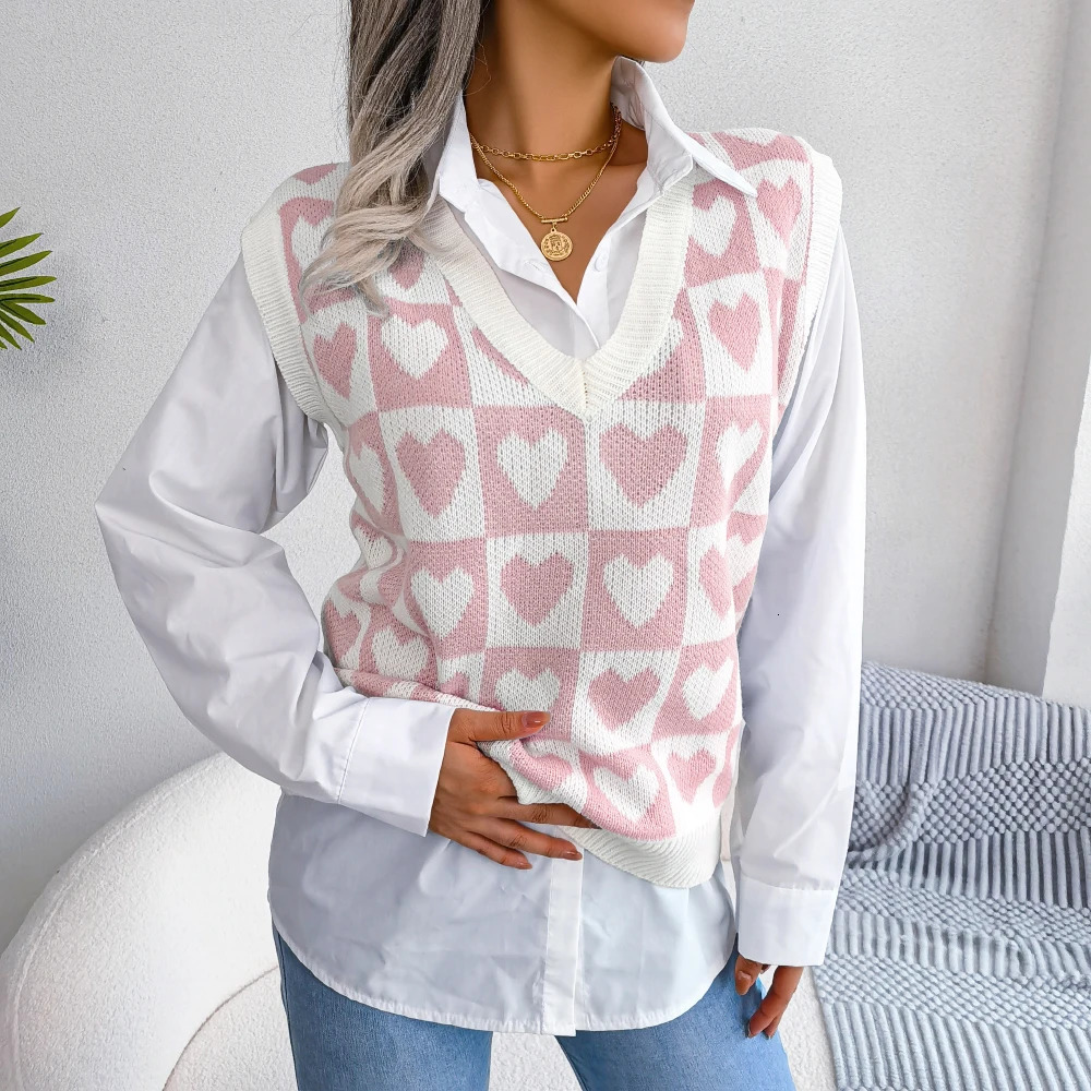 2023 Autumn Winter Sweater Vest For Women Preppy Style Heart Sleeveless Knitted Pullovers 250506