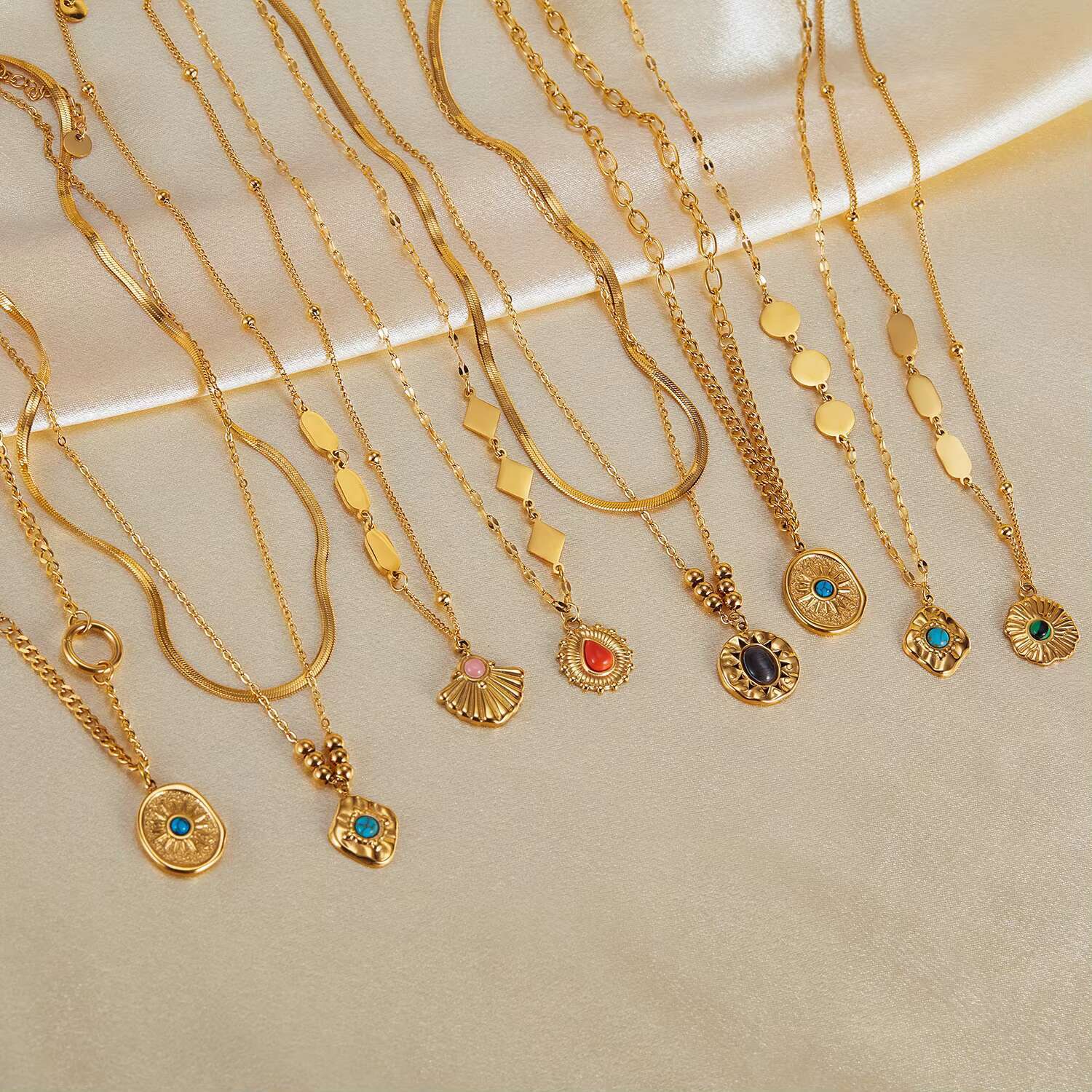 New Fashion Gold Plated Stainless Steel Colored Natural Stone Pendant Necklace for Women's Party Accessories Gifts