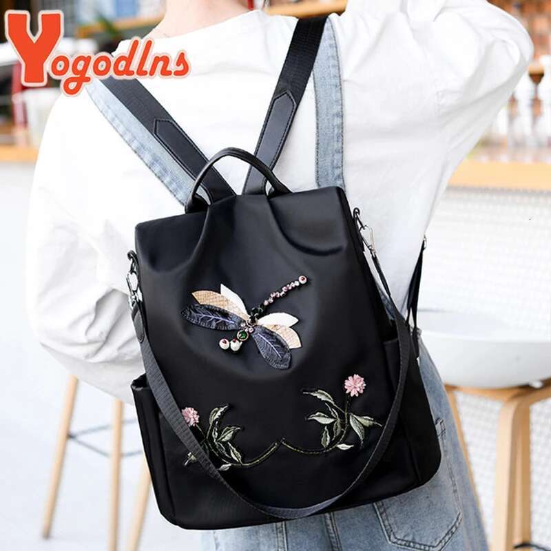 Yogodlns Fashion Embroidery Women Waterproof Oxford Travel Bag Large Capacity Rucksack Multifunction Laptop Backpack
